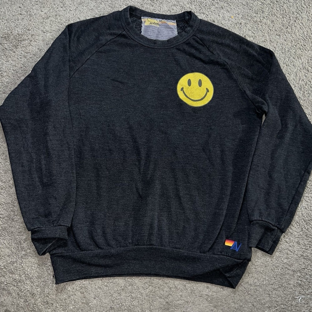 Aviator Nation Smiley Face Patch Sweatshirt Black Men Size Medium Crewneck